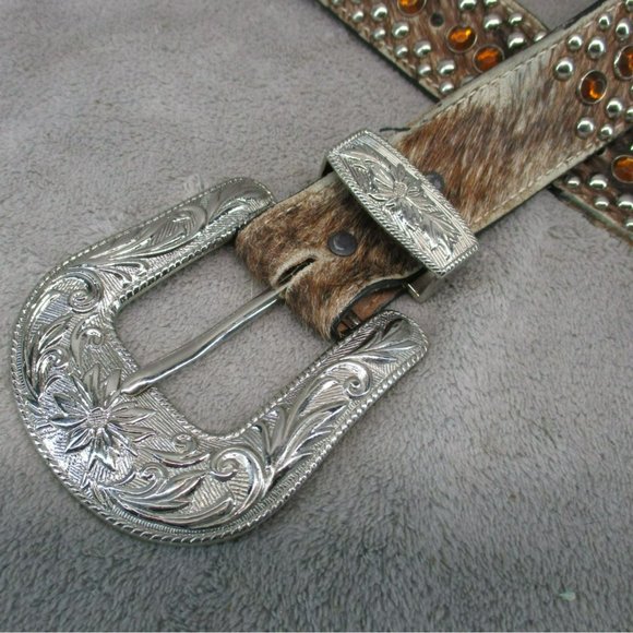 Belt Womens 28 Brown Genuine Leather Rhinestone Studded main image 6